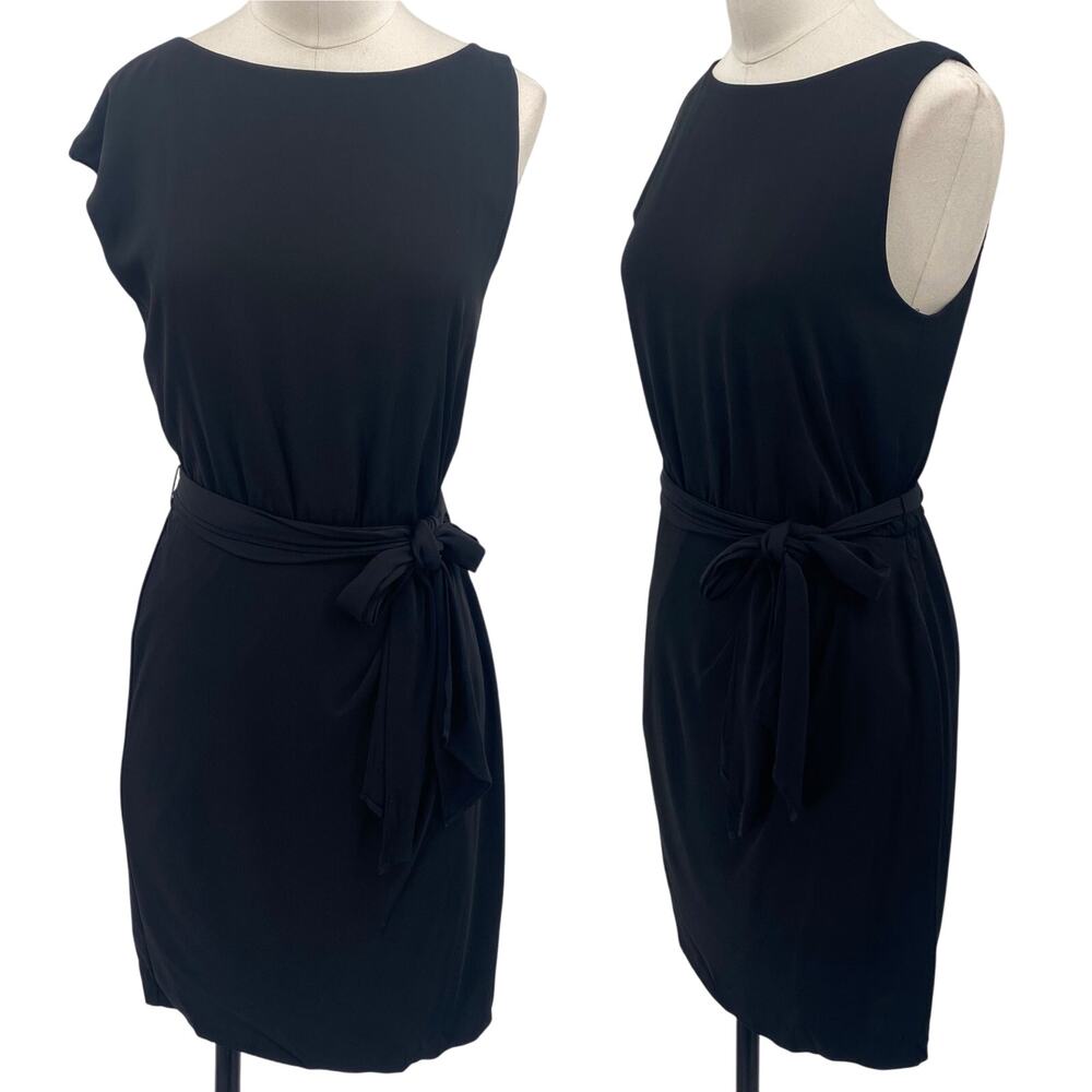 Theory Silk Brienna Mini Dress Tie Waist Belted Boatneck Asymmetrical Black 2